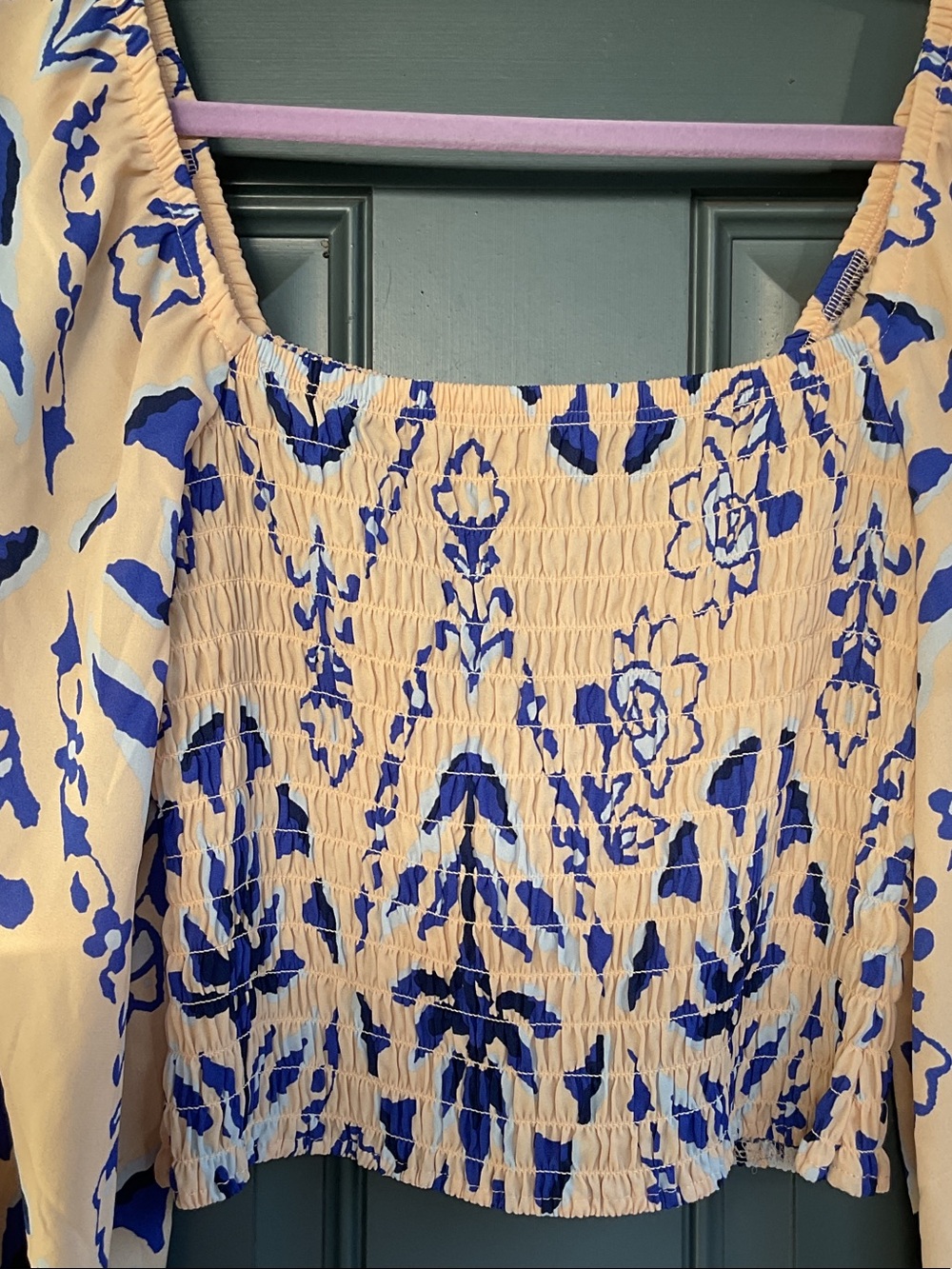 Sienna Sky Beige Crop Top with Bold Blue Floral Print, Size M - Picture 3 of 5